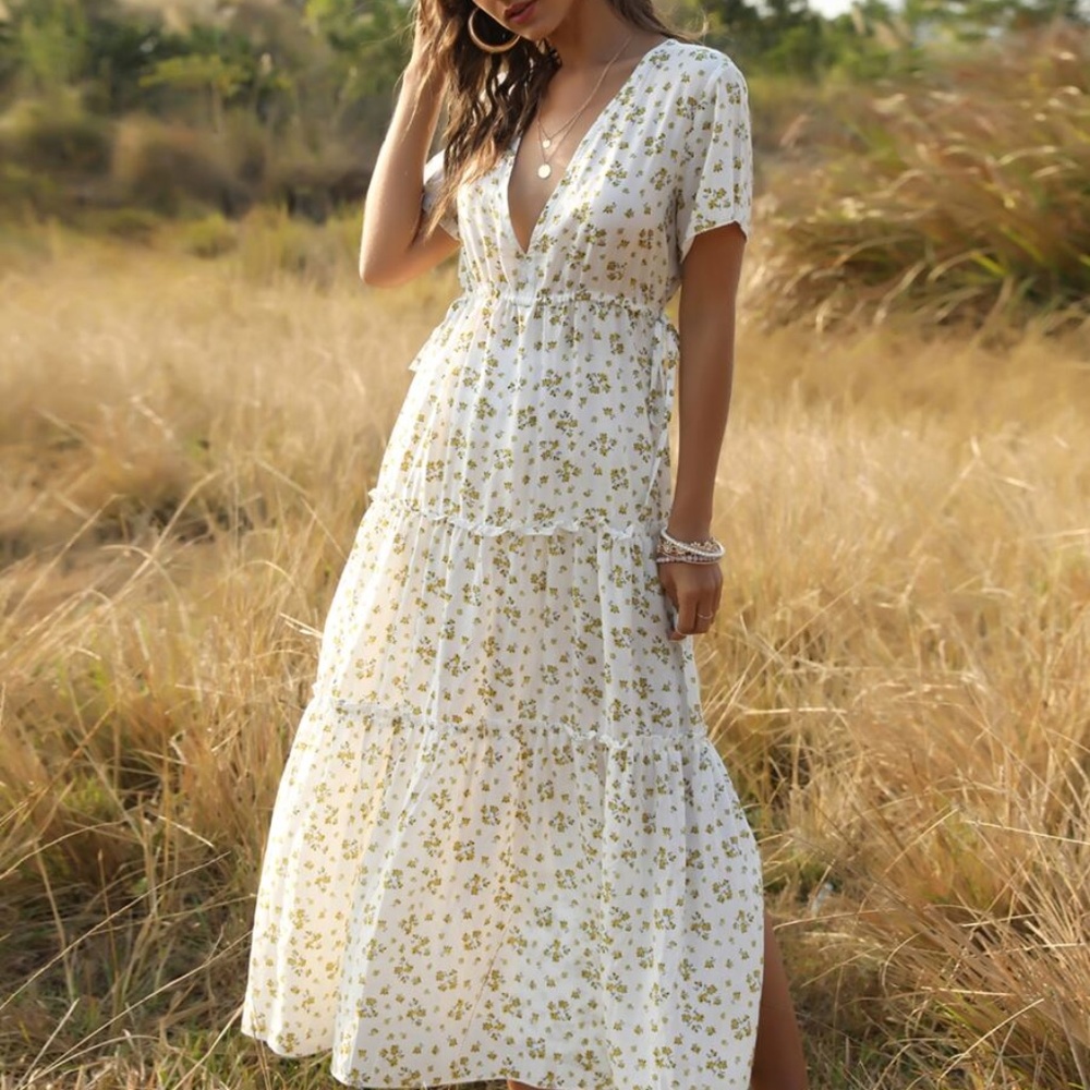 BOHO v neck floral print  side slit maxi dress - Picture 7 of 10